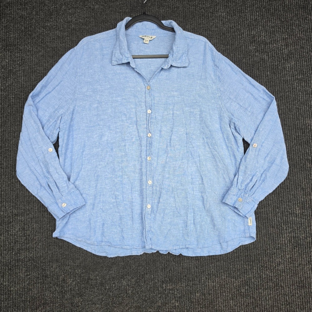 Orvis Classic Collection Blue Linen Blend Roll Tab Button Down Shirt XXL